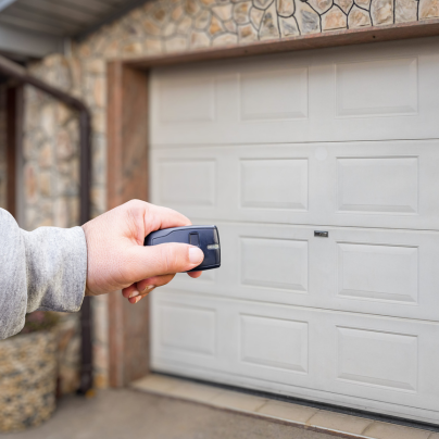 Milwaukee security key fob pointing to a garage door